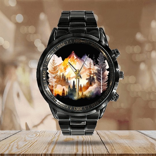 Watercolor Mountains Nature Hiking Explore Wild 7 Calendar Steel Band Watch