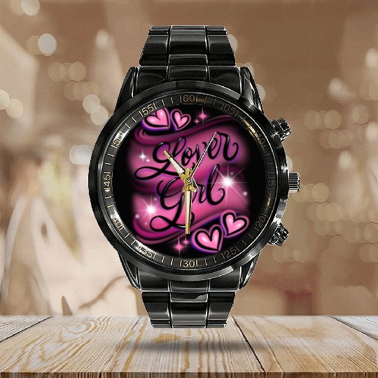 Lover Girl pink airbrush design Calendar Steel Band Watch