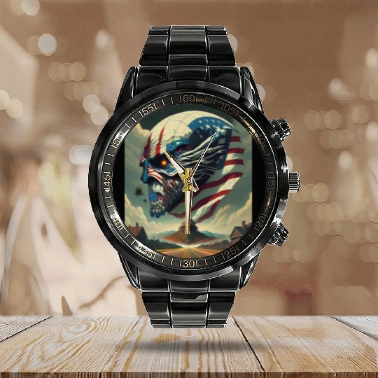 Show Your American Pride with this Patriotic Skull Calendar Steel Band Watch