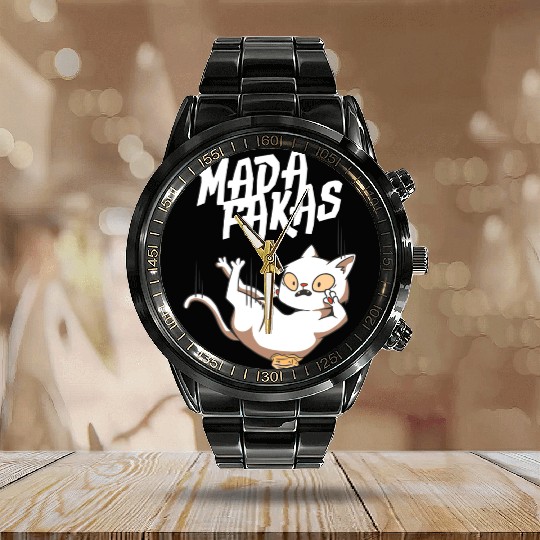Clumsy Cat I Madafakas I White Cat Calendar Steel Band Watch