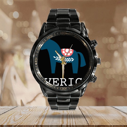 Sverige Sweden Swedish Dala Horse Dalecarlian Calendar Steel Band Watch