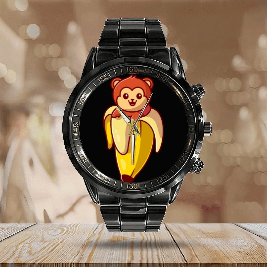 Cute Monkey Banana Cartoon Calendar Steel Band Watch