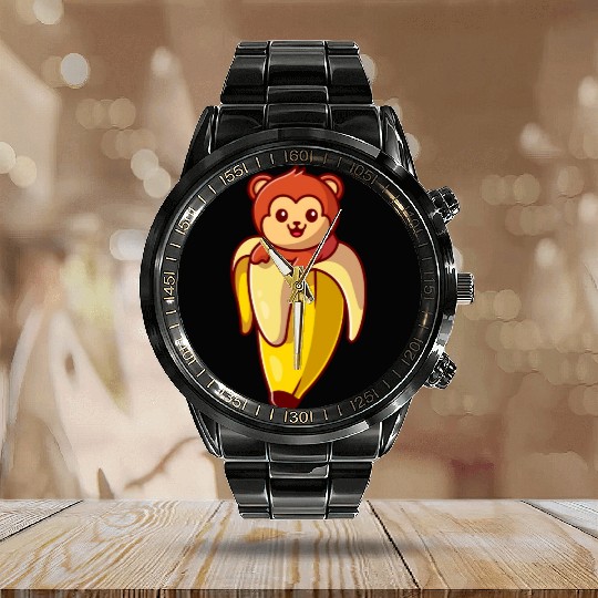 Cute Monkey Banana Cartoon Calendar Steel Band Watch