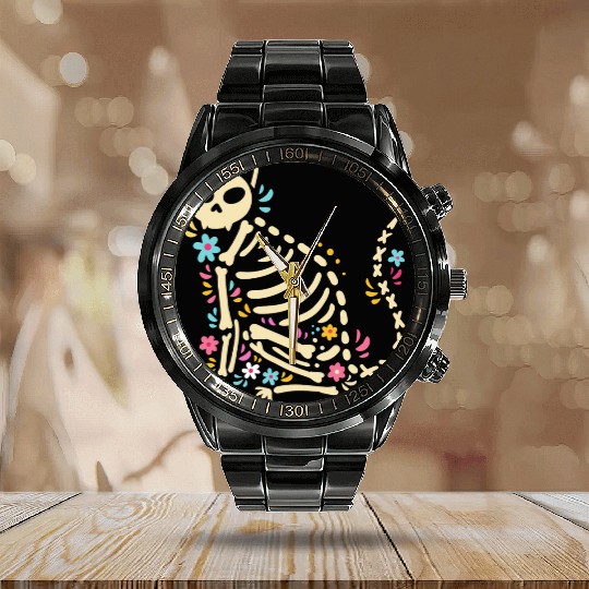 Halloween Cat Skeleton Calendar Steel Band Watch