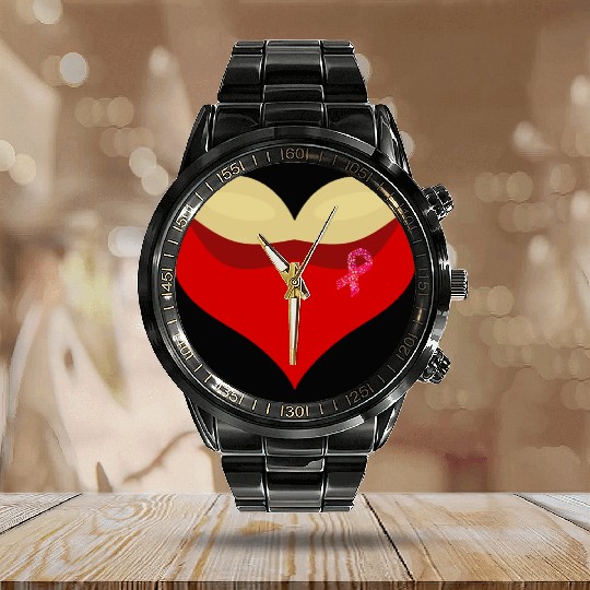 Cancer awareness Boobies love heart Calendar Steel Band Watch
