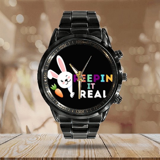 Peepin it real happy easter rabbit sunday Calendar Steel Band Watch