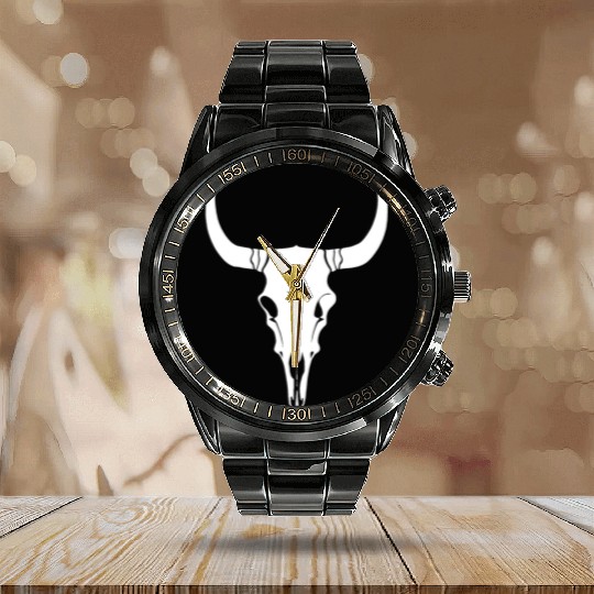 Cattle Skull Cow Skull Rodeo Western Skeleton Calendar Steel Band Watch