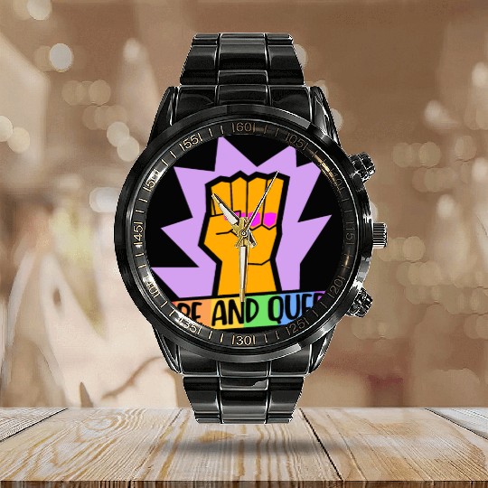 Here And Queer LGBTQ Community Rainbow Pride Month Calendar Steel Band Watch