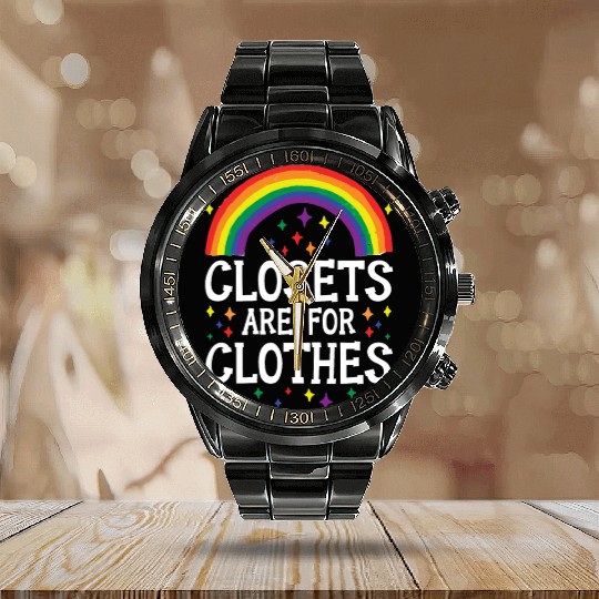 Closets Are For Clothes Rainbow Pride Month LGBTQ Calendar Steel Band Watch