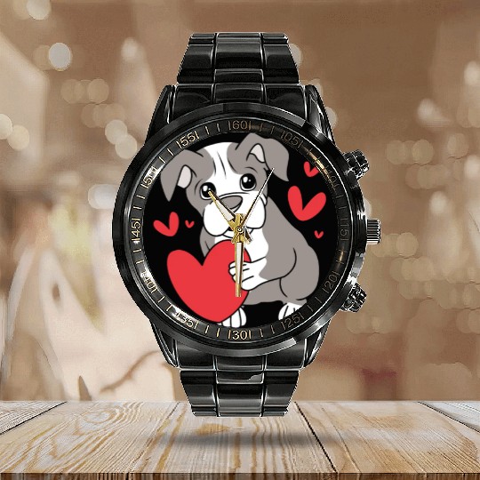 Cute Heart Puppy Boston Terrier Dog Calendar Steel Band Watch