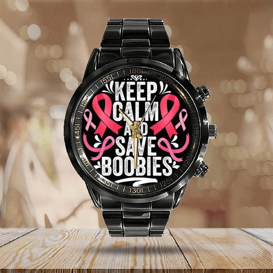 Pink Ribbon Keep Calm And Save Boobies Breast Calendar Steel Band Watch
