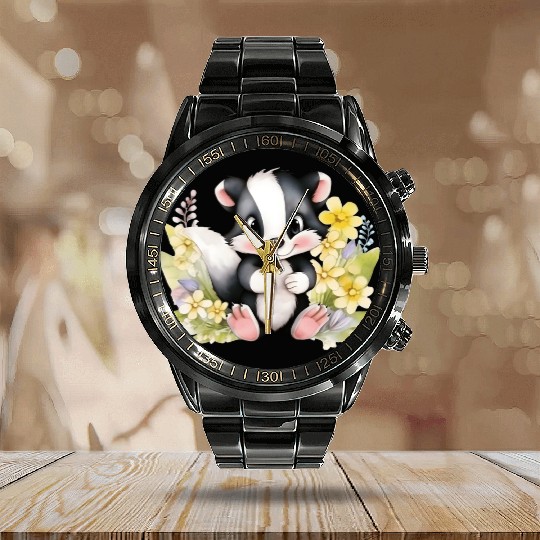 Baby Skunk Black and White Skunk Watercolor Floral Calendar Steel Band Watch