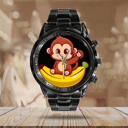 Cute Monkey Sitting On Banana Cartoon Calendar Steel Band Watch
