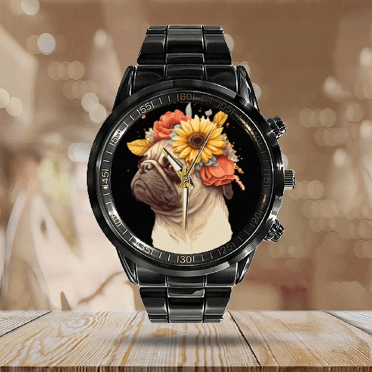 Cute Pug Flower Crown Pet Dog Breed Floral Puppy Calendar Steel Band Watch