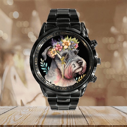 Cute Miniature Schnauzer Flower Crown Pet Dog Flor Calendar Steel Band Watch
