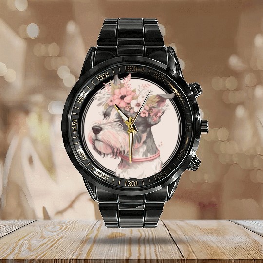 Cute Miniature Mini Schnauzer Flower Crown Pet Dog Calendar Steel Band Watch