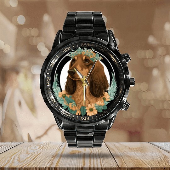 Cute Dachshund Flower Crown Pet Dog Breed Floral P Calendar Steel Band Watch
