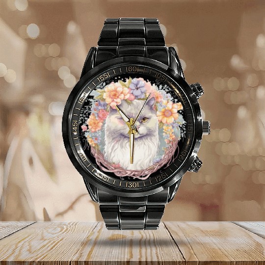 Cute Persian Cat Flower Crown Cats Pet Kitten Calendar Steel Band Watch