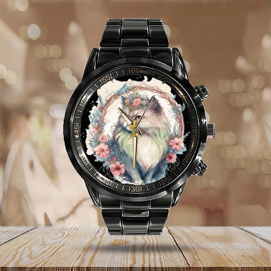 Cute Persian Cat Flower Crown Cats Pet Kitten Calendar Steel Band Watch