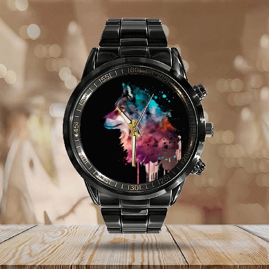 Wolf Multicolor Watercolor Portrait Calendar Steel Band Watch