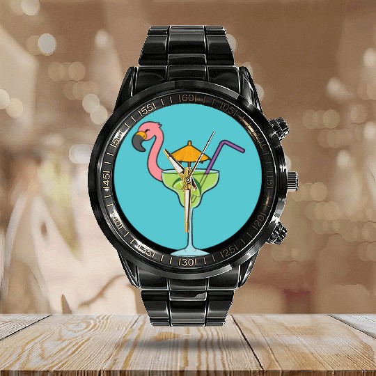Flamingo Cocktail Calendar Steel Band Watch
