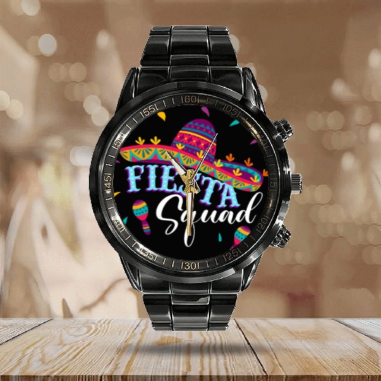 Fiesta Squad Cinco De Mayo Mexican Sombrero Family Calendar Steel Band Watch
