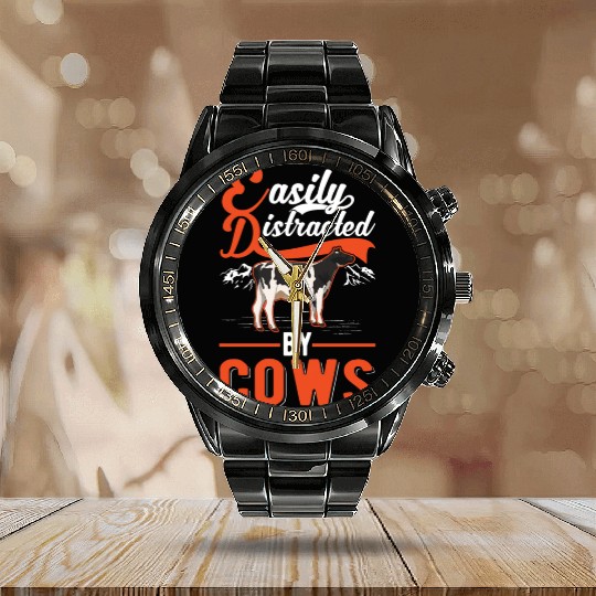 Easily Distracted By Cows Cow Cattle Breeder Calendar Steel Band Watch