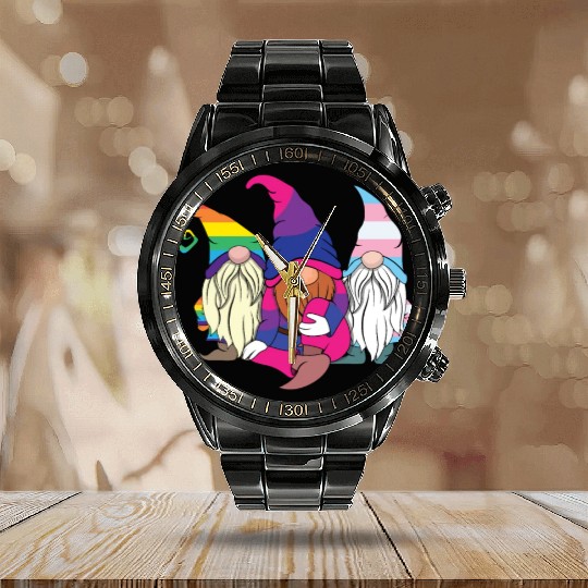 Gnomes Elf LGBTQ Rainbow LGBT Pride Month Calendar Steel Band Watch