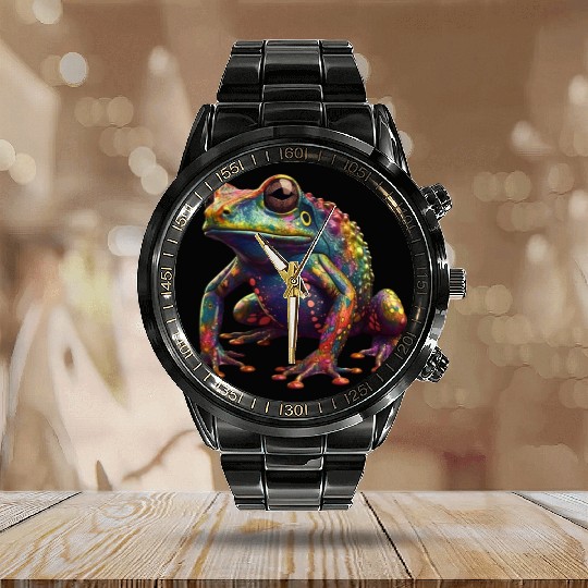 Psychedelic frog in vibrant colors dart frog Calendar Steel Band Watch