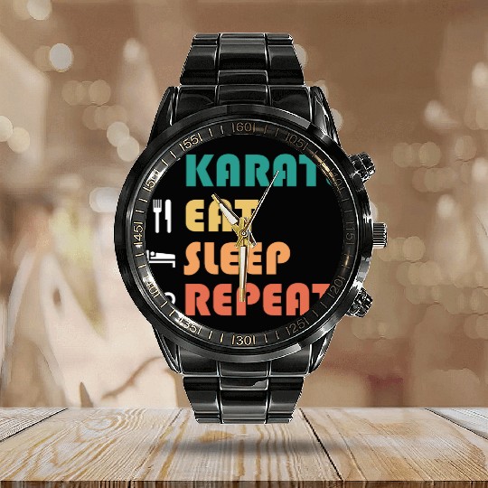 karate eat sleep repeat Calendar Steel Band Watch