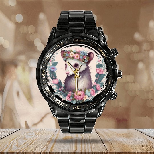 Cute Possum Flower Crown Floral Watercolor Calendar Steel Band Watch