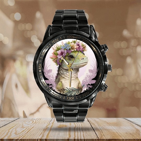 Cute Lizard Flower Crown Lizard Lover Calendar Steel Band Watch