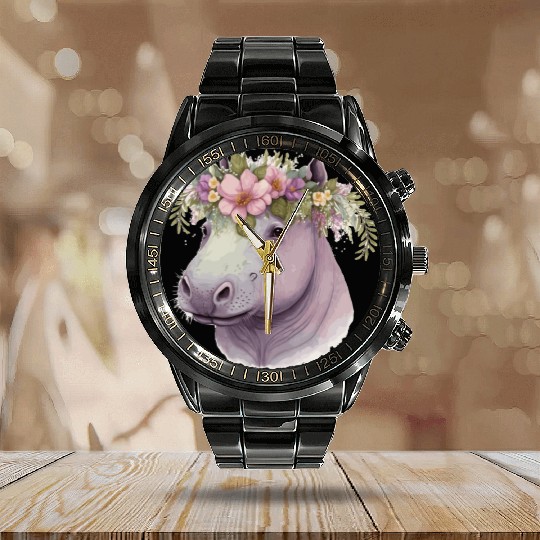 Watercolor Hippotamus Flower Crown Floral Pastel A Calendar Steel Band Watch