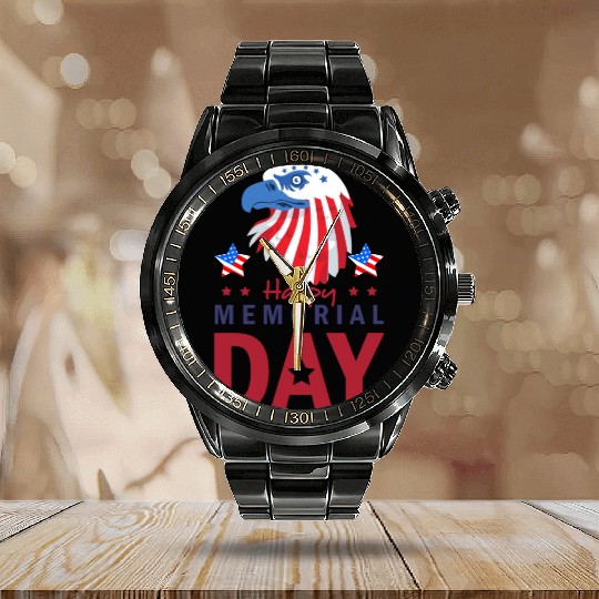 Happy Memorial Day Veterans Brave US Eagle Stars Calendar Steel Band Watch