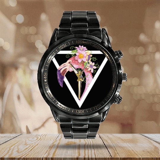 Flamingo Watercolor Triangle Calendar Steel Band Watch