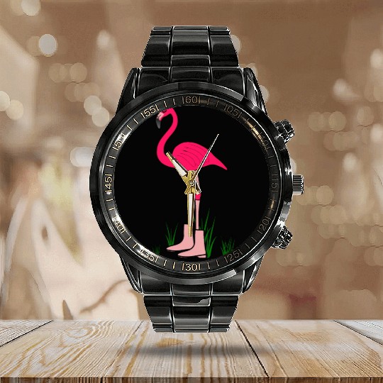 Flamingo with boots art animal print bird pink Calendar Steel Band Watch