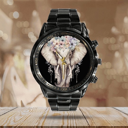 Watercolor Elephant Flower Crown Africa Safari Ani Calendar Steel Band Watch