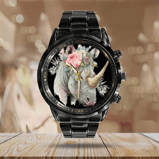 African Watercolor Rhinozeros Flower Crown Safari Calendar Steel Band Watch