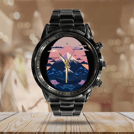 Serene Mount Fuji Sunset Peaceful River Scenery Calendar Steel Band Watch