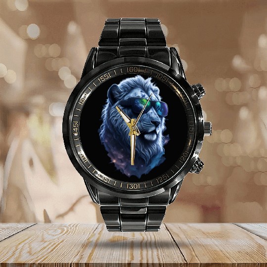 Silver Lion in Space: The Coolest Cat with Shades Calendar Steel Band Watch