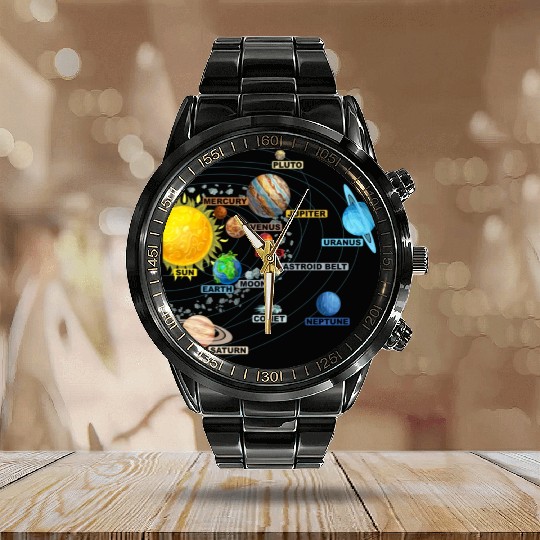 Solar System Planets Astronomy Space Science Girls Calendar Steel Band Watch
