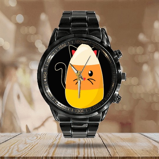 Candy Corn Cat Halloween Calendar Steel Band Watch