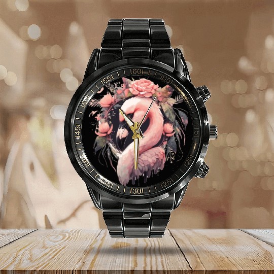Cute Pink Flamingo Tropical Bird Flower Crown Flor Calendar Steel Band Watch