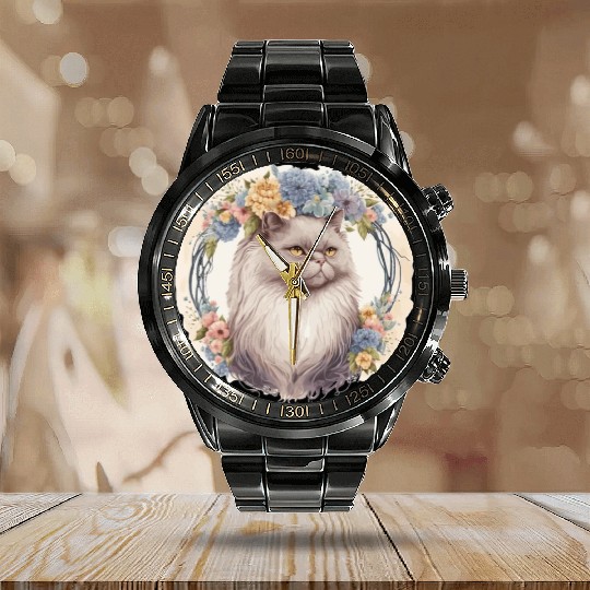 Cute Persian Cat Flower Crown Cats Pet Kitten Calendar Steel Band Watch