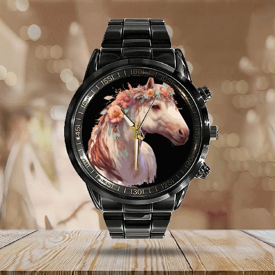 Watercolor Flower Horse Chinese Zodiac Animal Sign Calendar Steel Band Watch