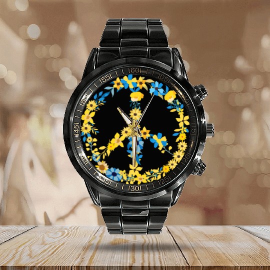 Ukraine Flag Flower Peace Heritage Calendar Steel Band Watch