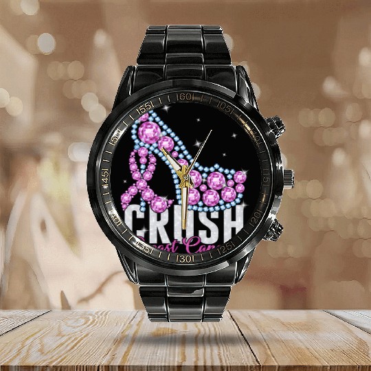 Crush Breast Cancer Bling Ribbon Calendar Steel Band Watch