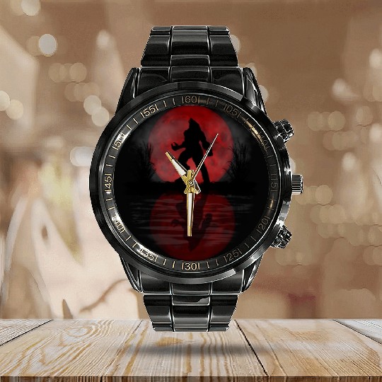 Werewolf Under A Full Blood Moon Howling Calendar Steel Band Watch
