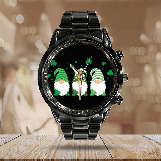 Gnomes Holding Shamrock Leopard Plaid St Patrick'S Calendar Steel Band Watch