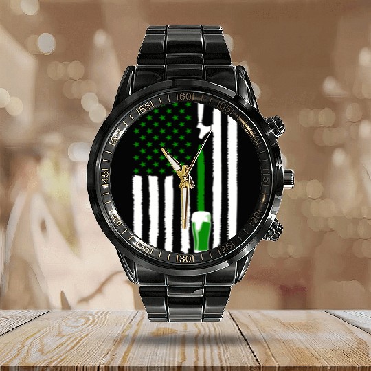 Green St PatricDay Beer American Flag Patriotic Ir Calendar Steel Band Watch